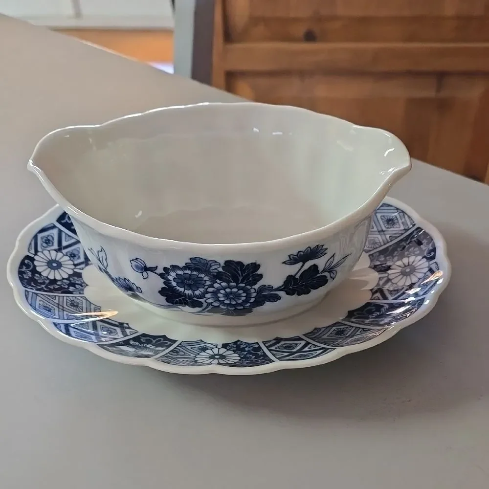 Blue Floral Gravy Boat with Saucer